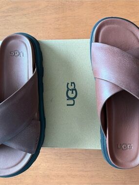 UGG Brown Crisscross Leather Slide Sandals